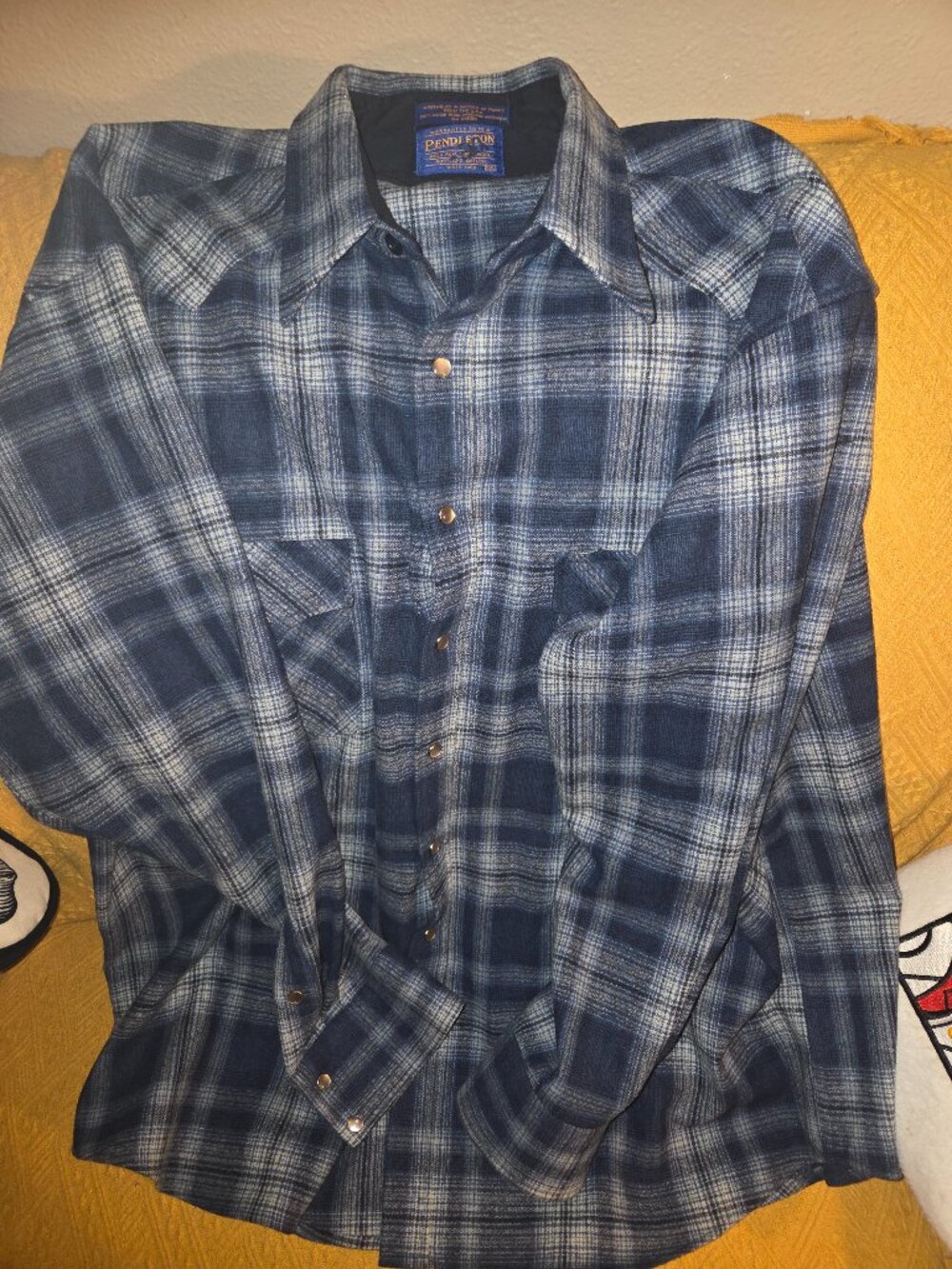 Pendleton Mens Pearl Snap Shirt 2XL Blue Shadow Plaid Heavy Wool Flannel Western